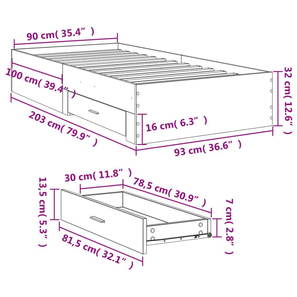 vidaXL Cadru de pat cu sertare stejar sonoma 90x200 cm lemn prelucrat