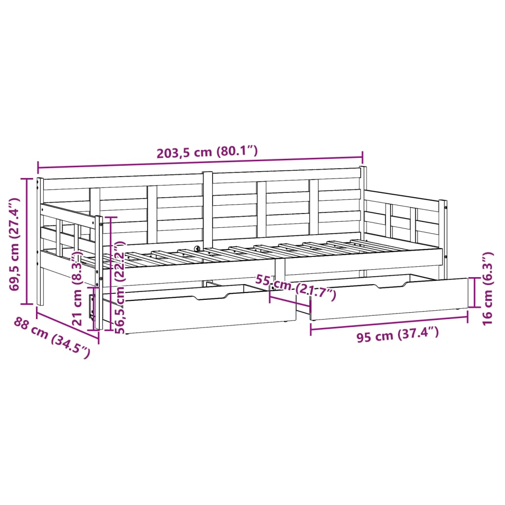 vidaXL Pat de zi cu sertare, alb, 80x200 cm, lemn masiv pin