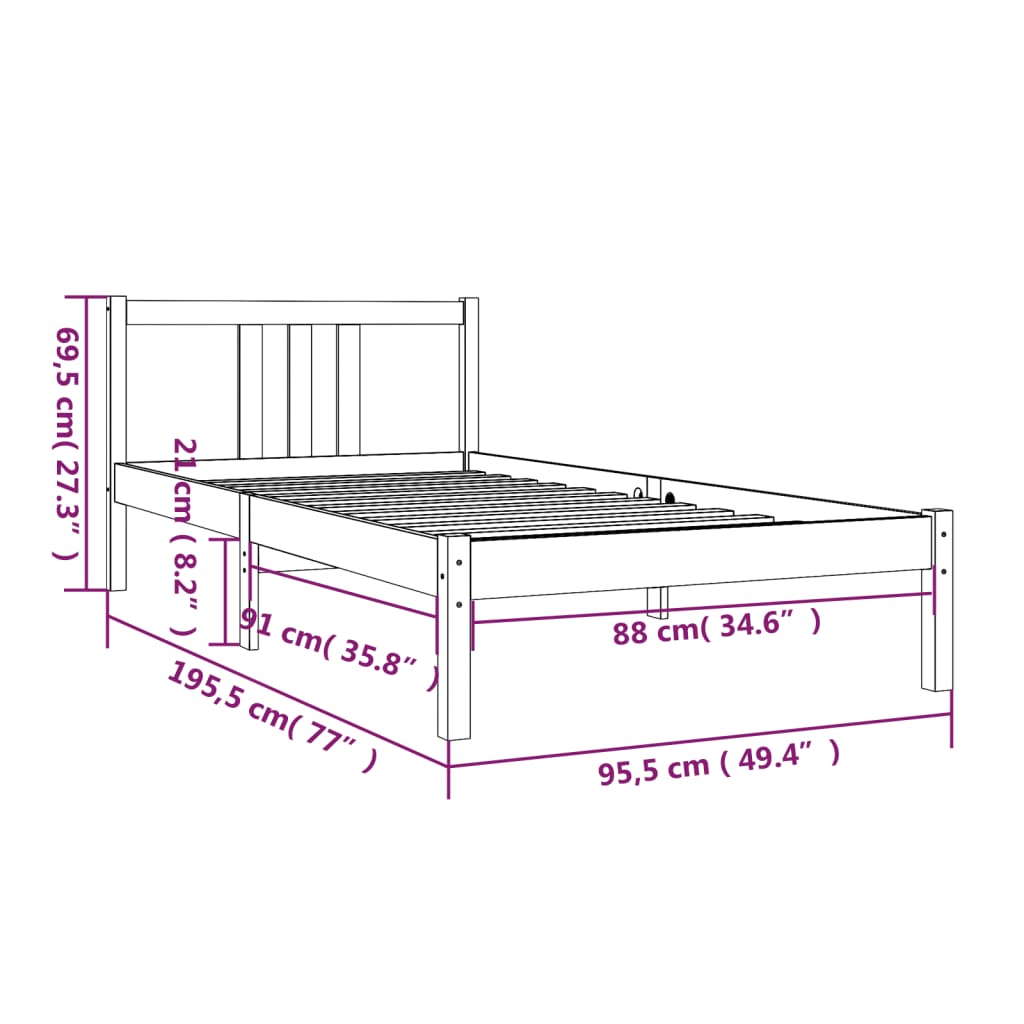 vidaXL Cadru de pat single, negru, 90x190 cm, lemn masiv