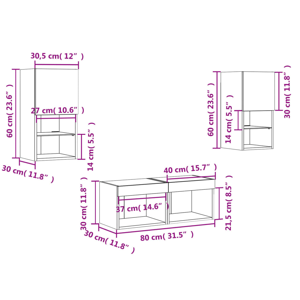 vidaXL Comode TV de perete cu lumini LED, 4 piese, alb