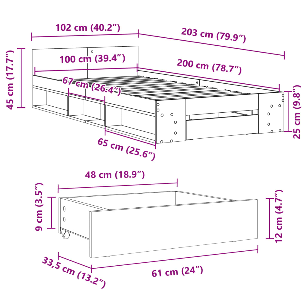 vidaXL Cadru de pat cu sertar gri sonoma 100x200 cm lemn prelucrat