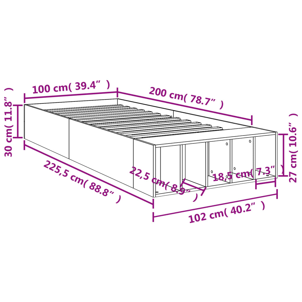 vidaXL Cadru de pat, stejar fumuriu, 100x200 cm, lemn prelucrat