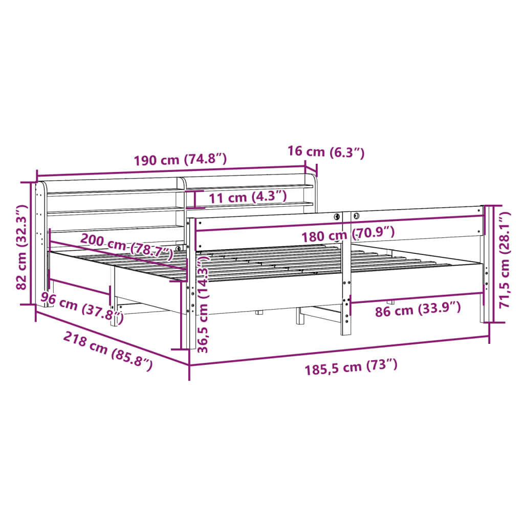 vidaXL Cadru de pat fără saltea, alb, 180x200 cm, lemn masiv pin