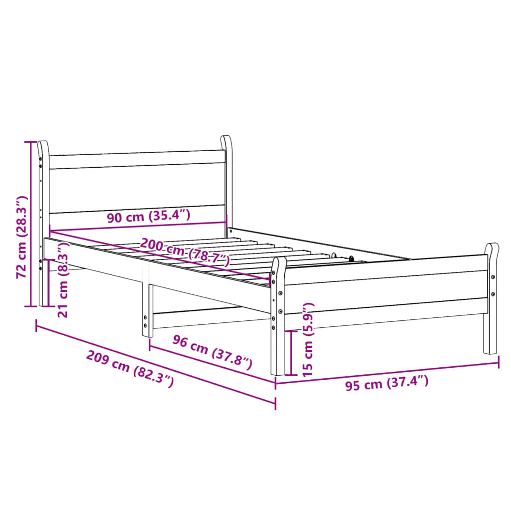 vidaXL Cadru de pat fără saltea, alb, 90x200 cm, lemn masiv pin