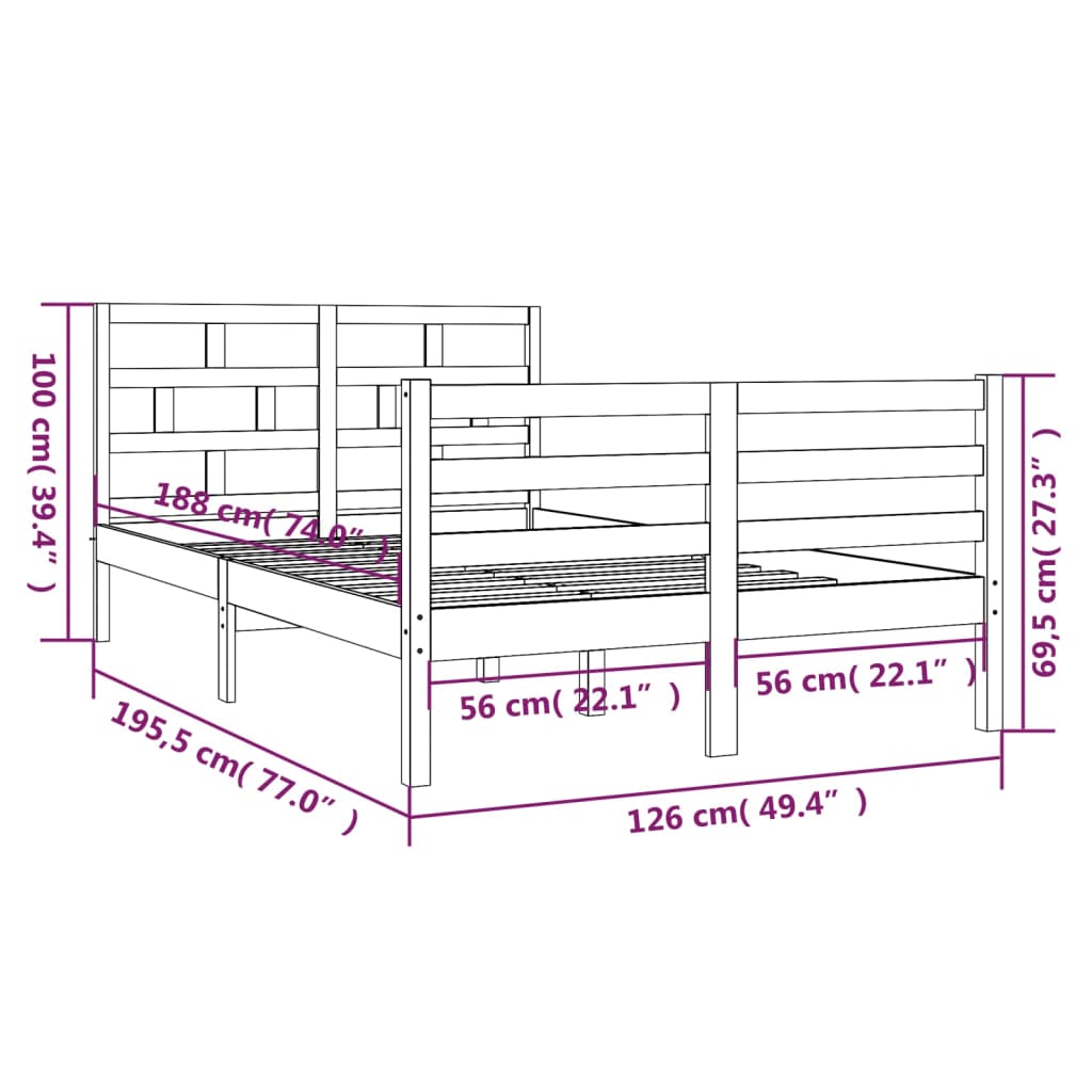 vidaXL Cadru de pat mic dublu, alb, 120x190 cm, lemn masiv