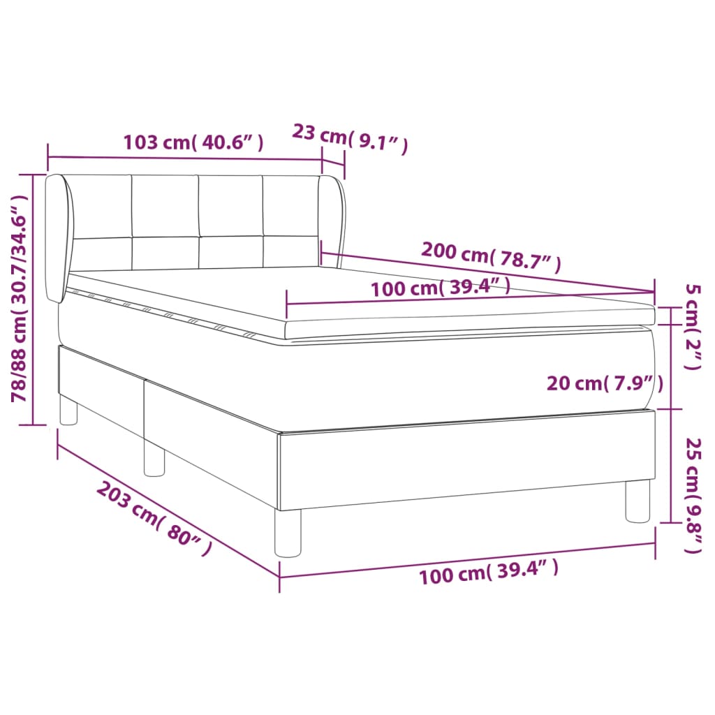 vidaXL Pat box spring cu saltea, gri deschis, 100x200 cm, catifea