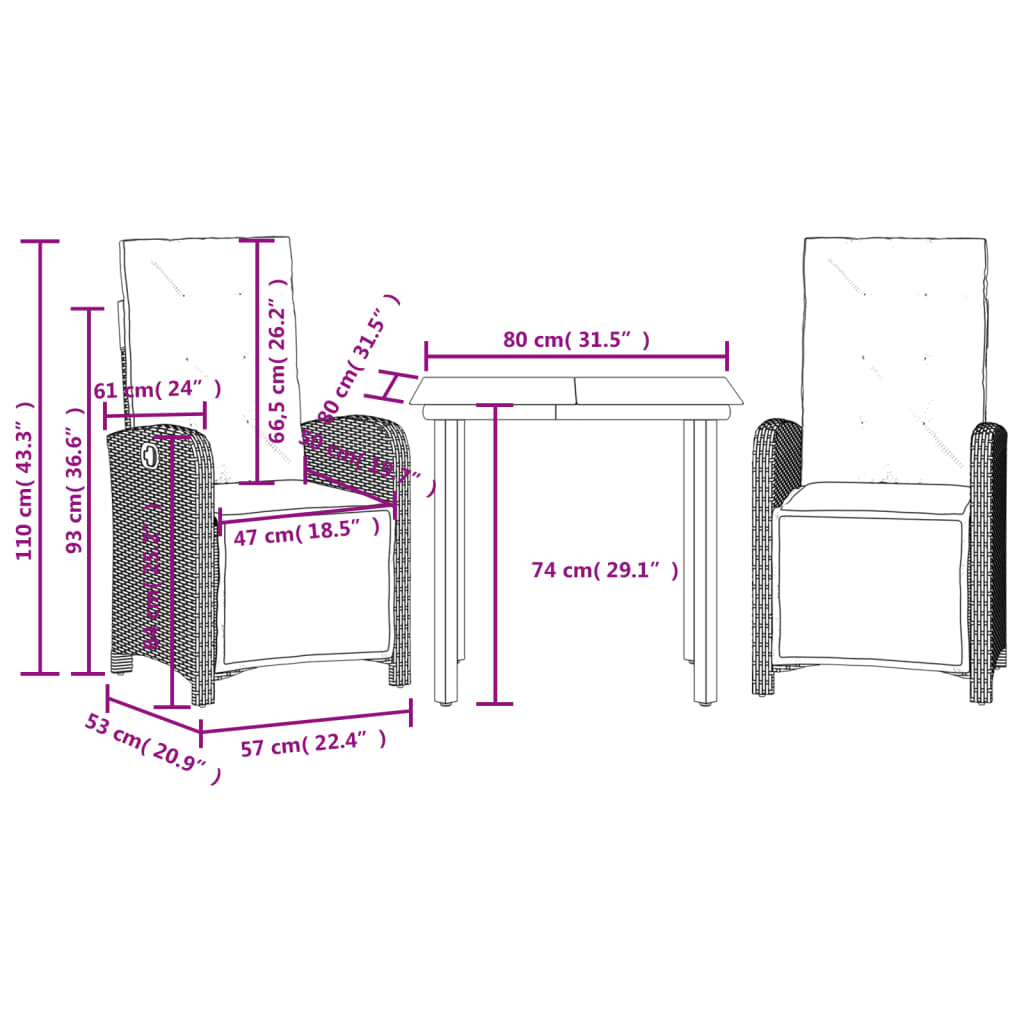 vidaXL Set bistro cu perne, 3 piese, negru, poliratan