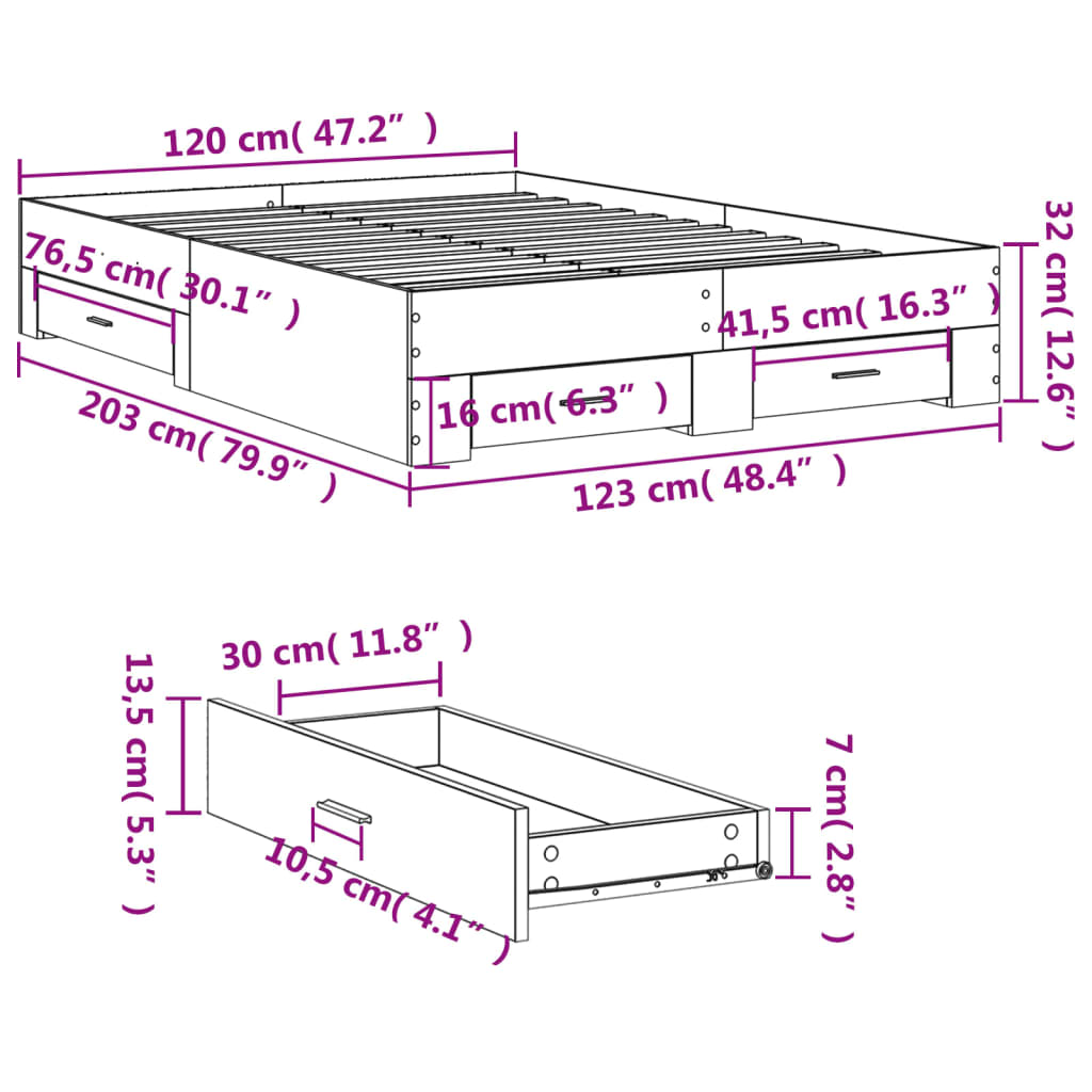 vidaXL Cadru de pat cu sertare gri sonoma 120x200 cm lemn prelucrat