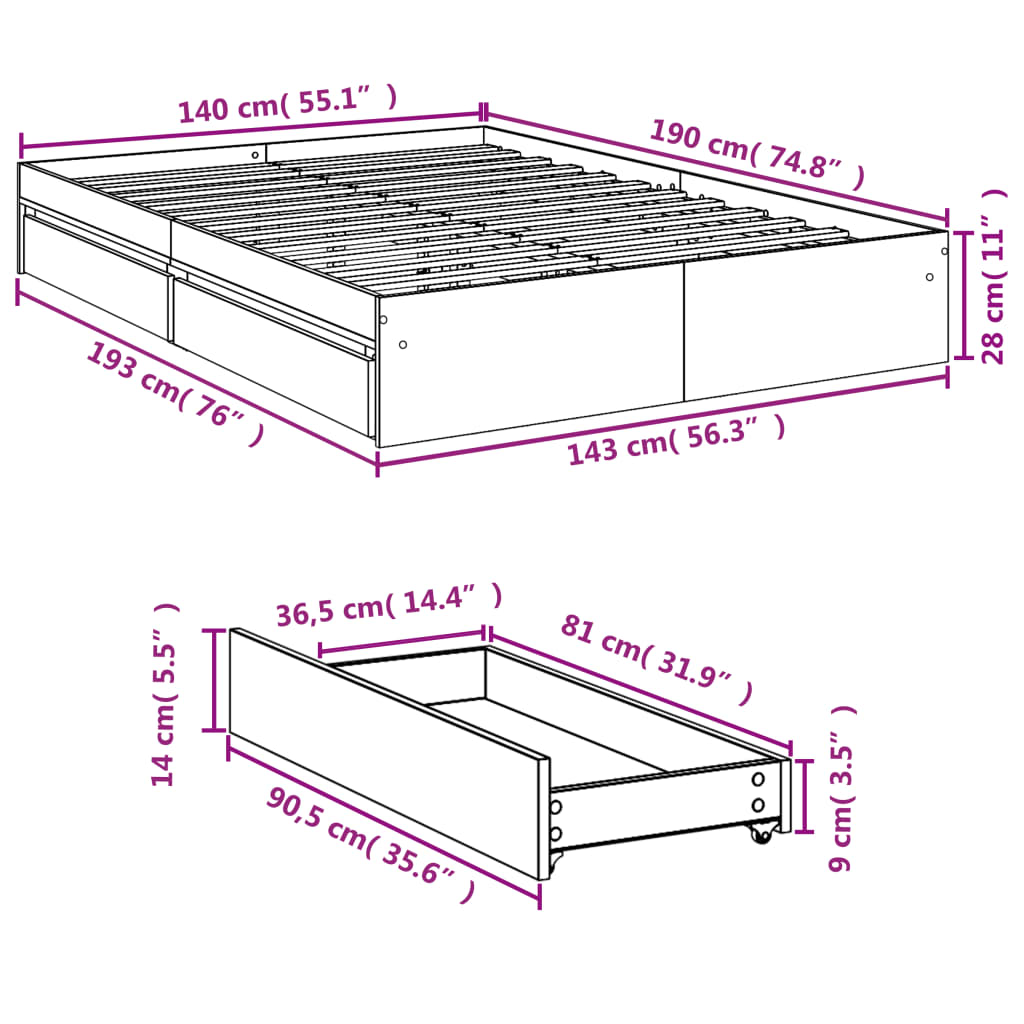 vidaXL Cadru de pat cu sertare stejar sonoma 140x190 cm lemn prelucrat