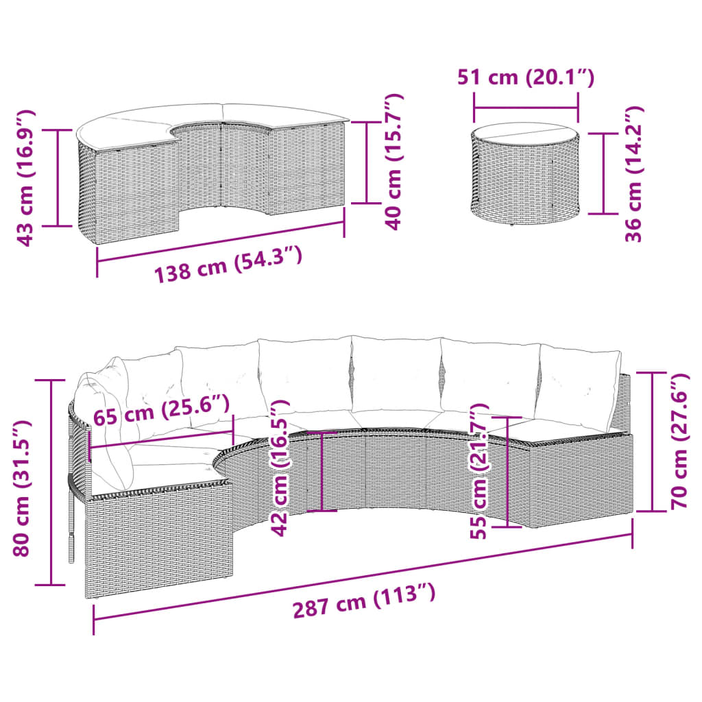 vidaXL Set canapea de grădină, 3 piese, semi-rotunde, negru, poliratan