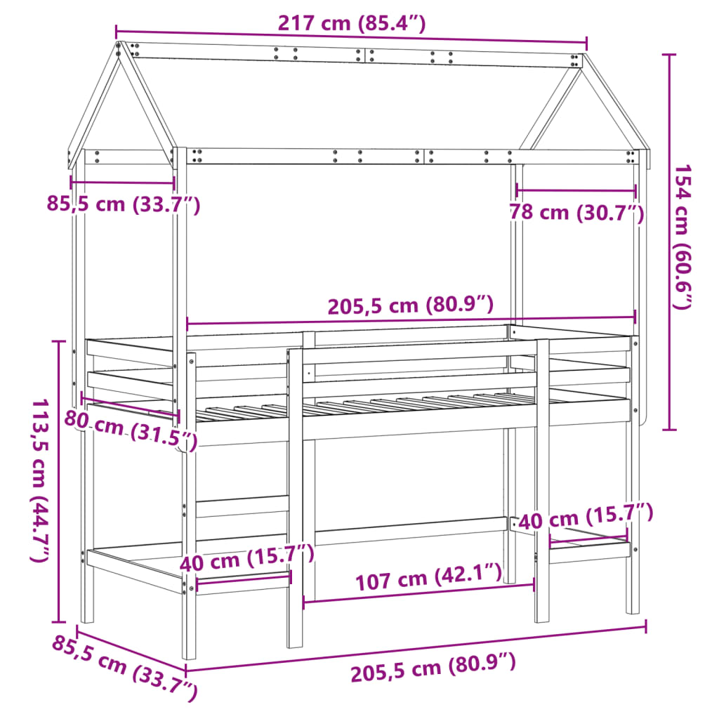 vidaXL Pat etajat cu scară și acoperiș, alb, 80x200 cm, lemn masiv pin