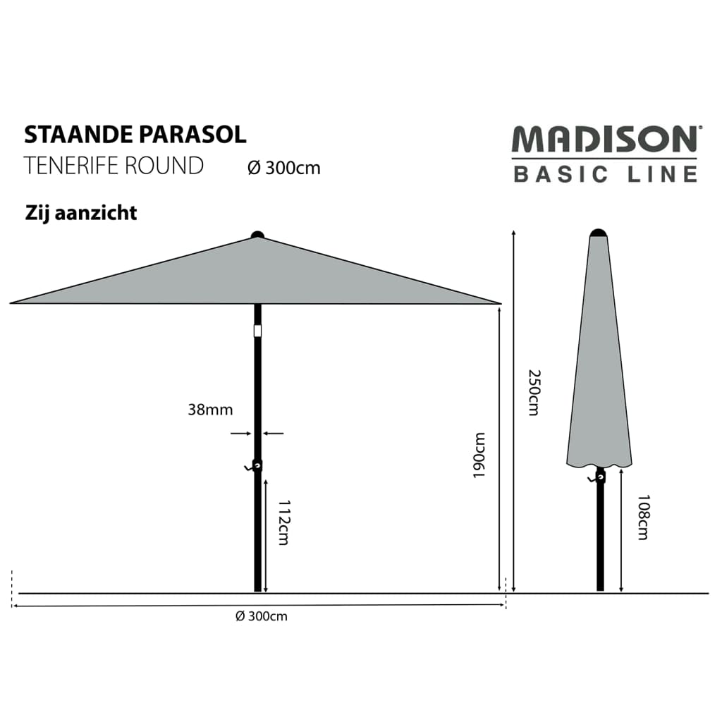 Madison Umbrelă de soare de grădină Tenerife, gri, 300 cm, rotundă