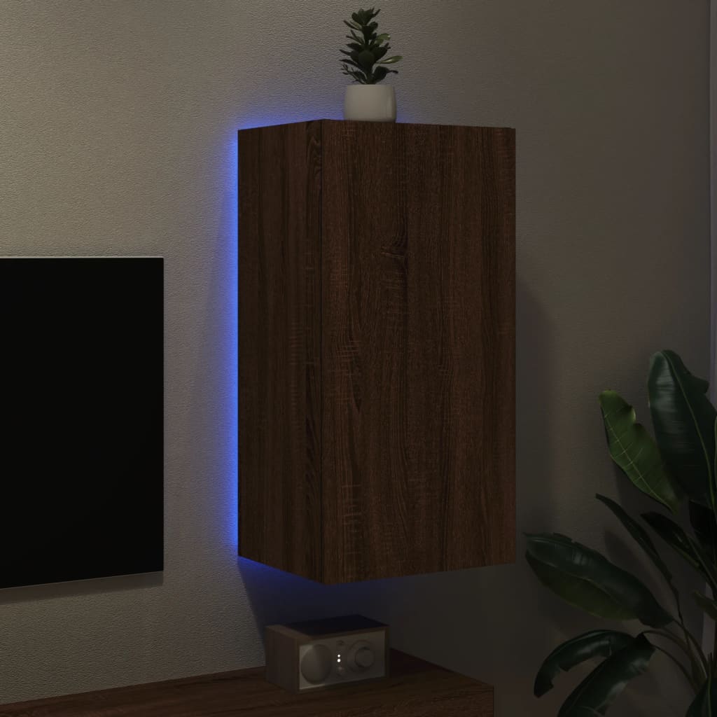 vidaXL Comodă TV de perete cu lumini LED, stejar maro, 40,5x35x80 cm