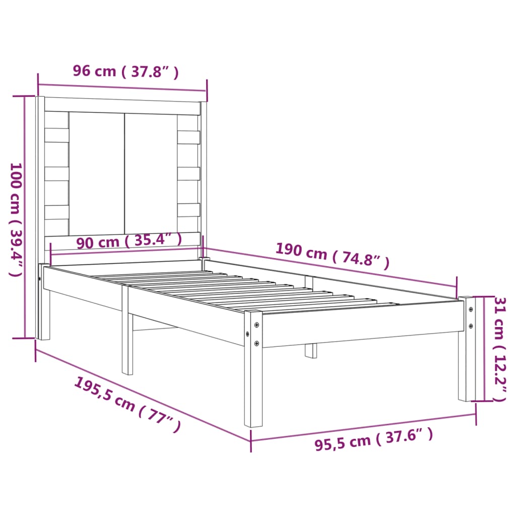 vidaXL Cadru de pat single, 90x190 cm, lemn masiv