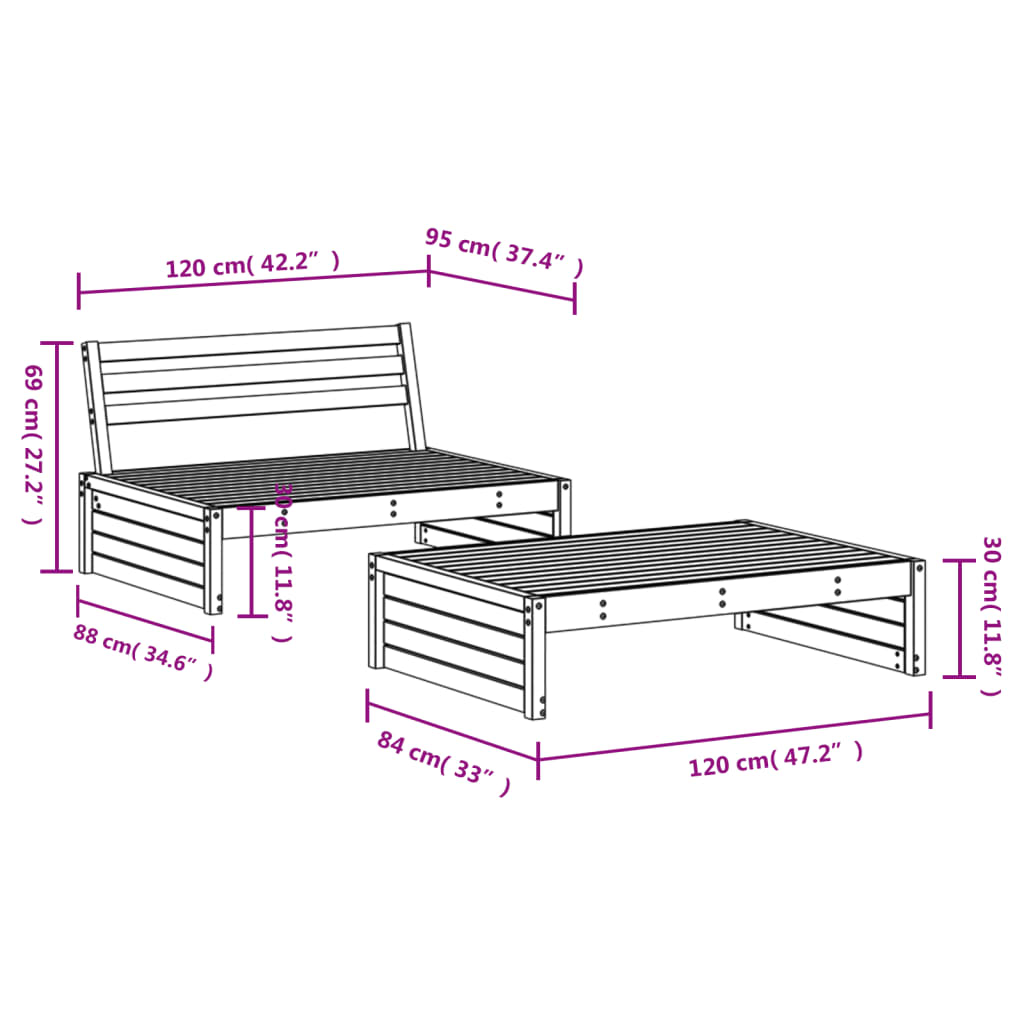 vidaXL Set mobilier relaxare grădină, 2 piese, gri, lemn masiv de pin