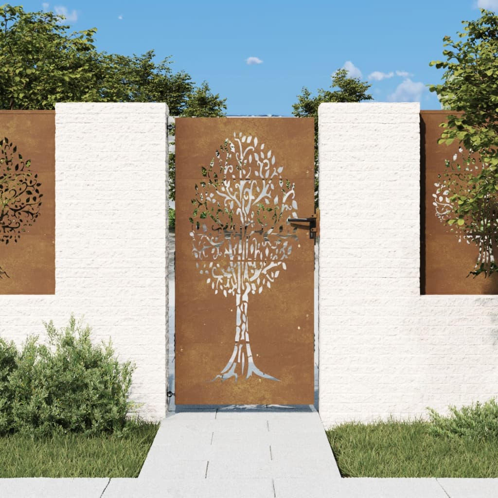 vidaXL Poartă pentru grădină, 85x200 cm, oțel corten, model copac