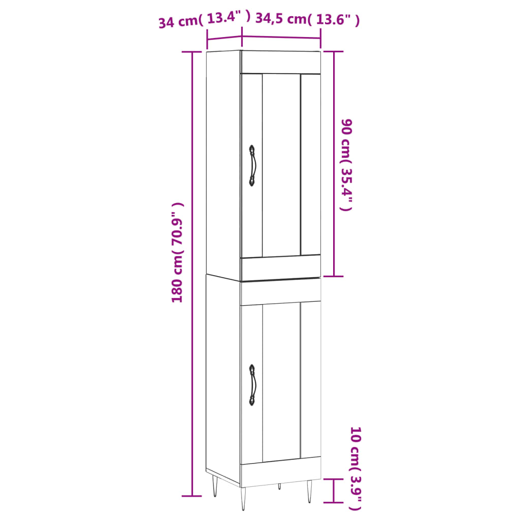 vidaXL Dulap înalt, gri sonoma, 34,5x34x180 cm, lemn prelucrat