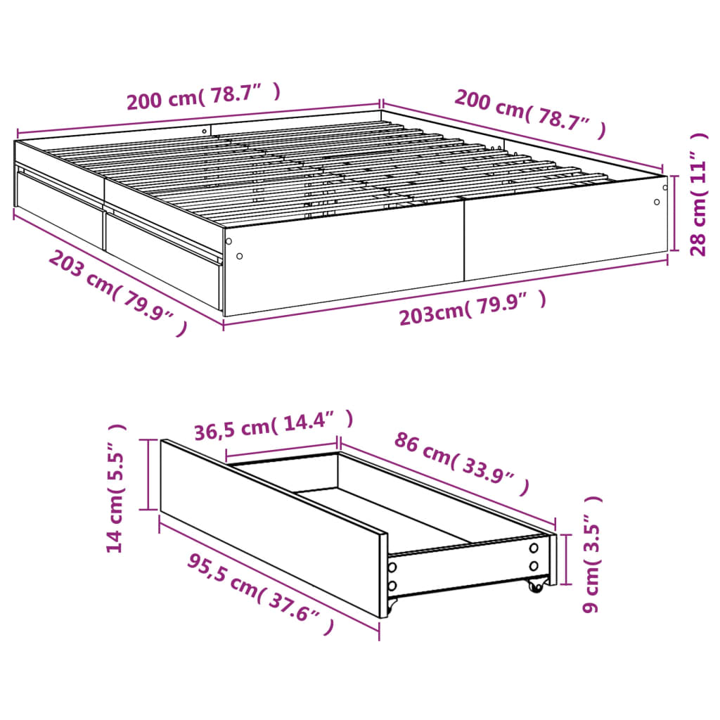 vidaXL Cadru de pat cu sertare alb 200x200 cm lemn prelucrat