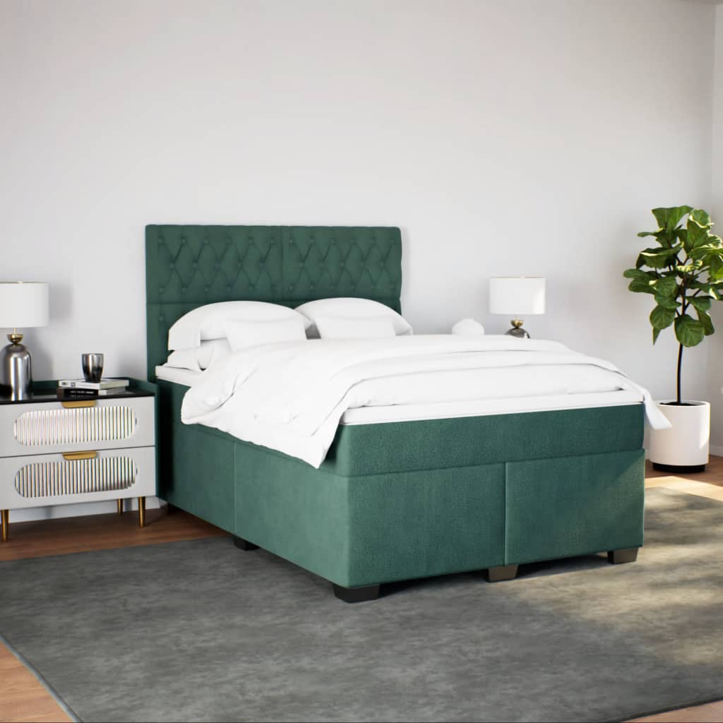 vidaXL Pat box spring cu saltea, verde închis, 140x190 cm, catifea