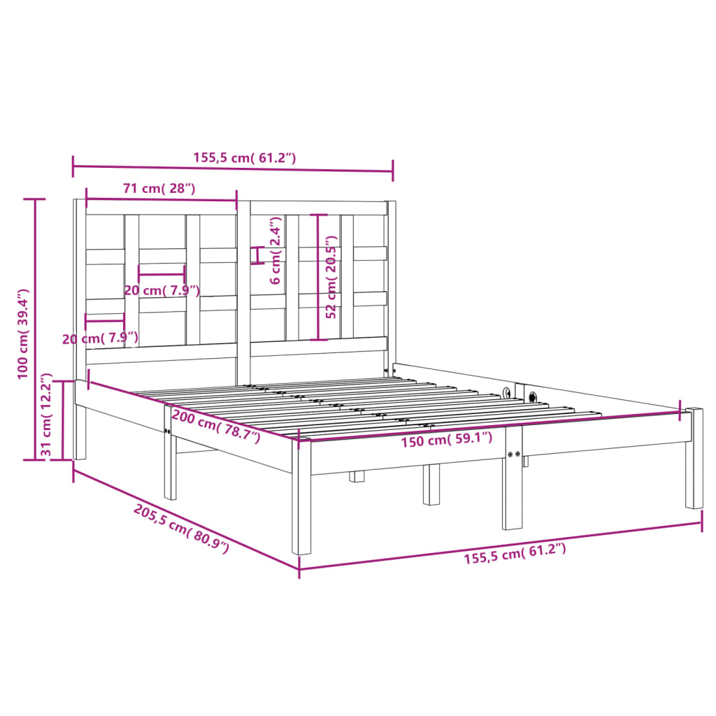 vidaXL Cadru de pat King Size, 150x200 cm, lemn masiv