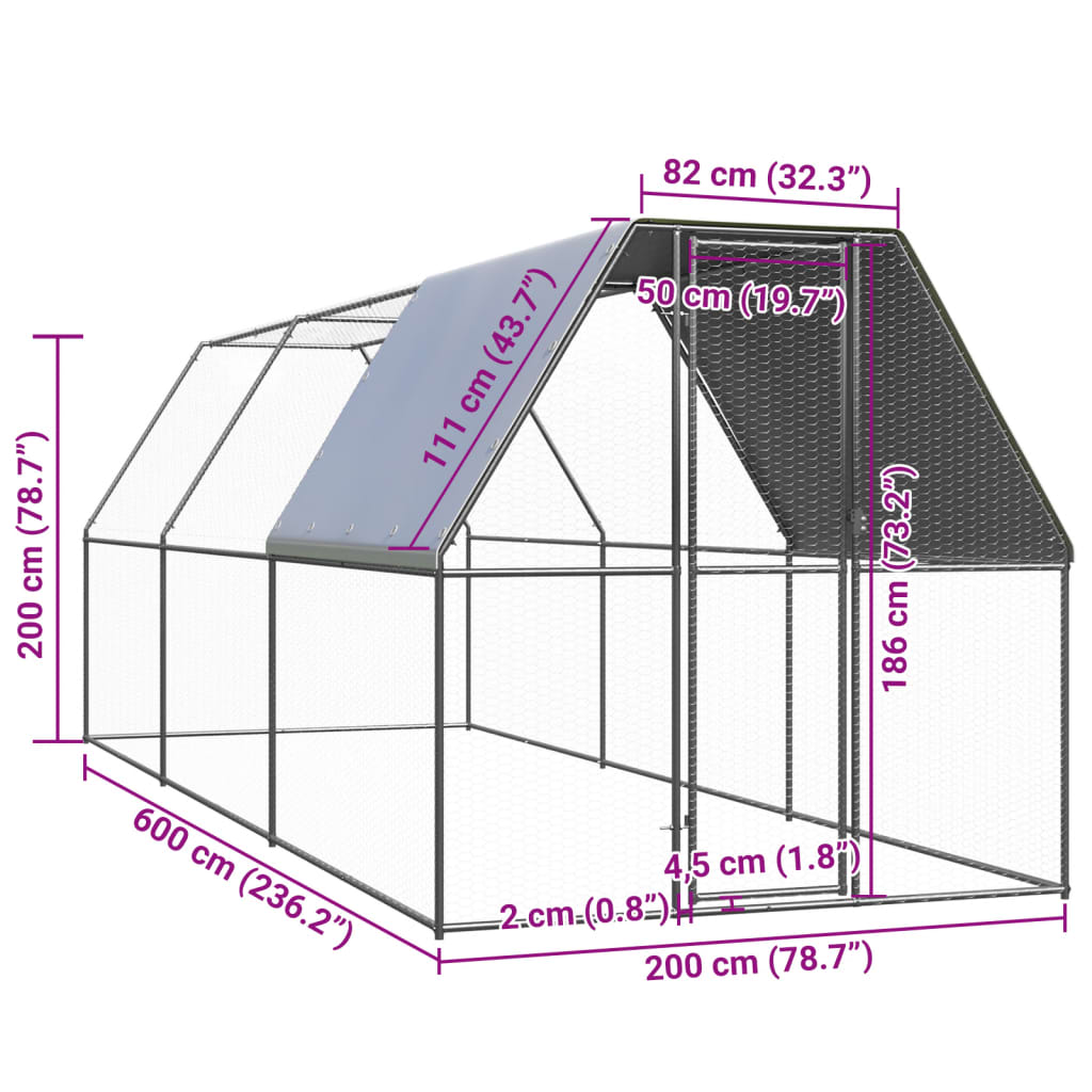 vidaXL Coteț de pui, 2x6x2 m, oțel galvanizat