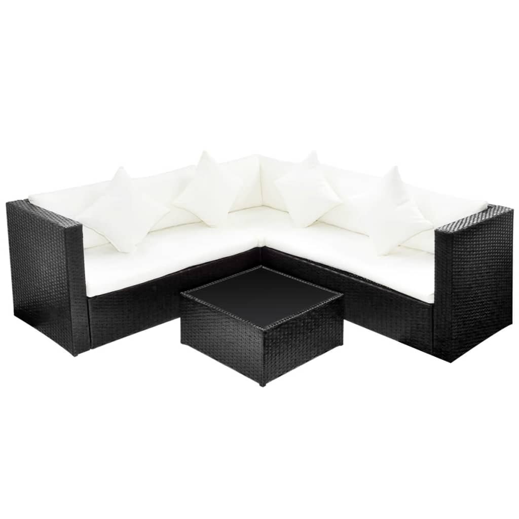 vidaXL Set mobilier de grădină cu perne, 4 piese, negru, poliratan