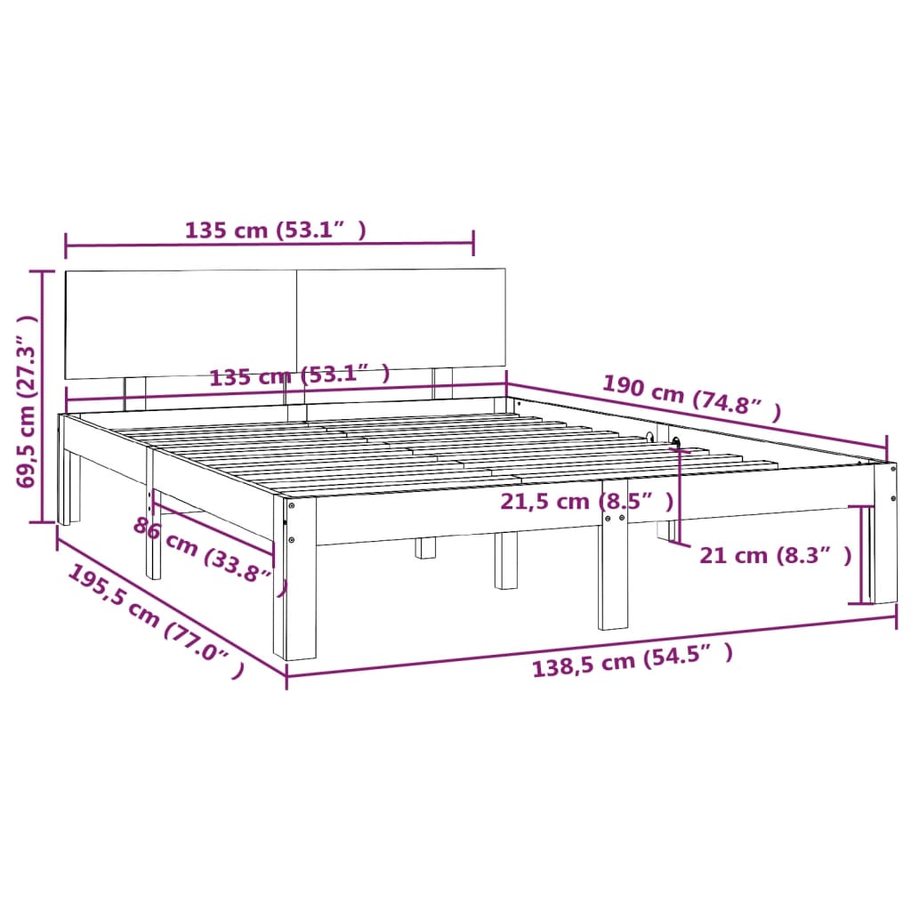 vidaXL Cadru de pat dublu, negru, 135x190 cm, lemn masiv