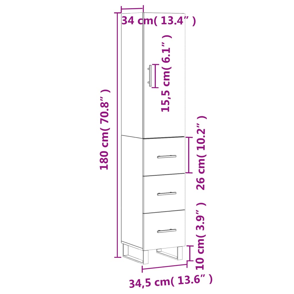 vidaXL Dulap înalt, gri sonoma, 34,5x34x180 cm, lemn prelucrat