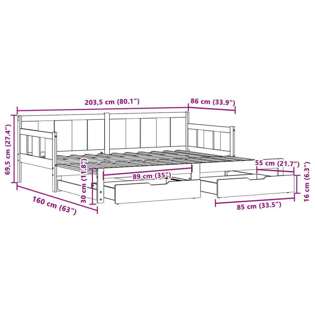 vidaXL Pat de zi cu extensie și sertare, 80x200 cm, lemn masiv de pin