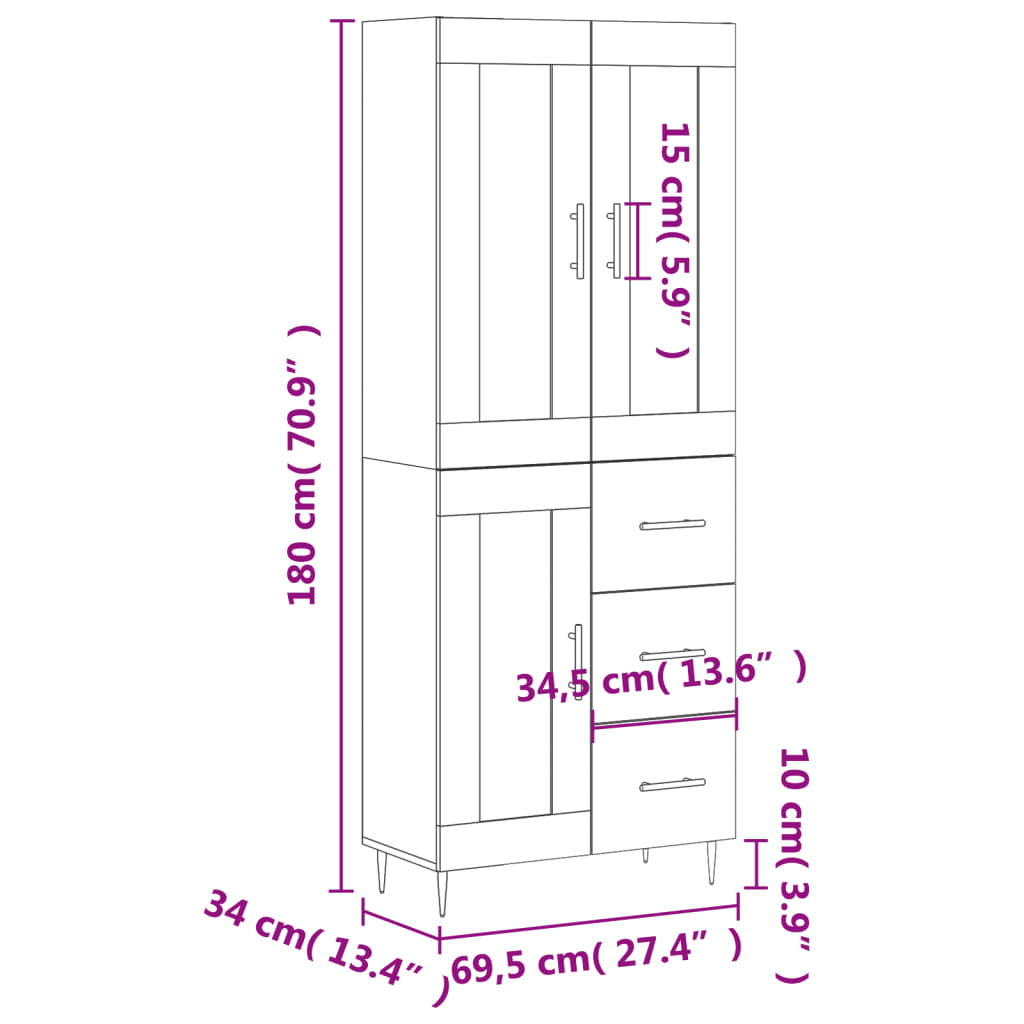 vidaXL Dulap înalt, gri beton, 69,5x34x180, lemn compozit