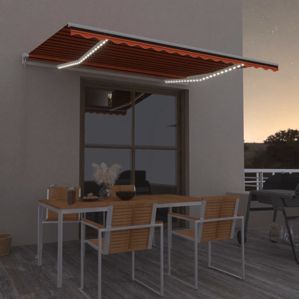 vidaXL Copertină retractabilă manual,LED, portocaliu/ maro, 450x350 cm