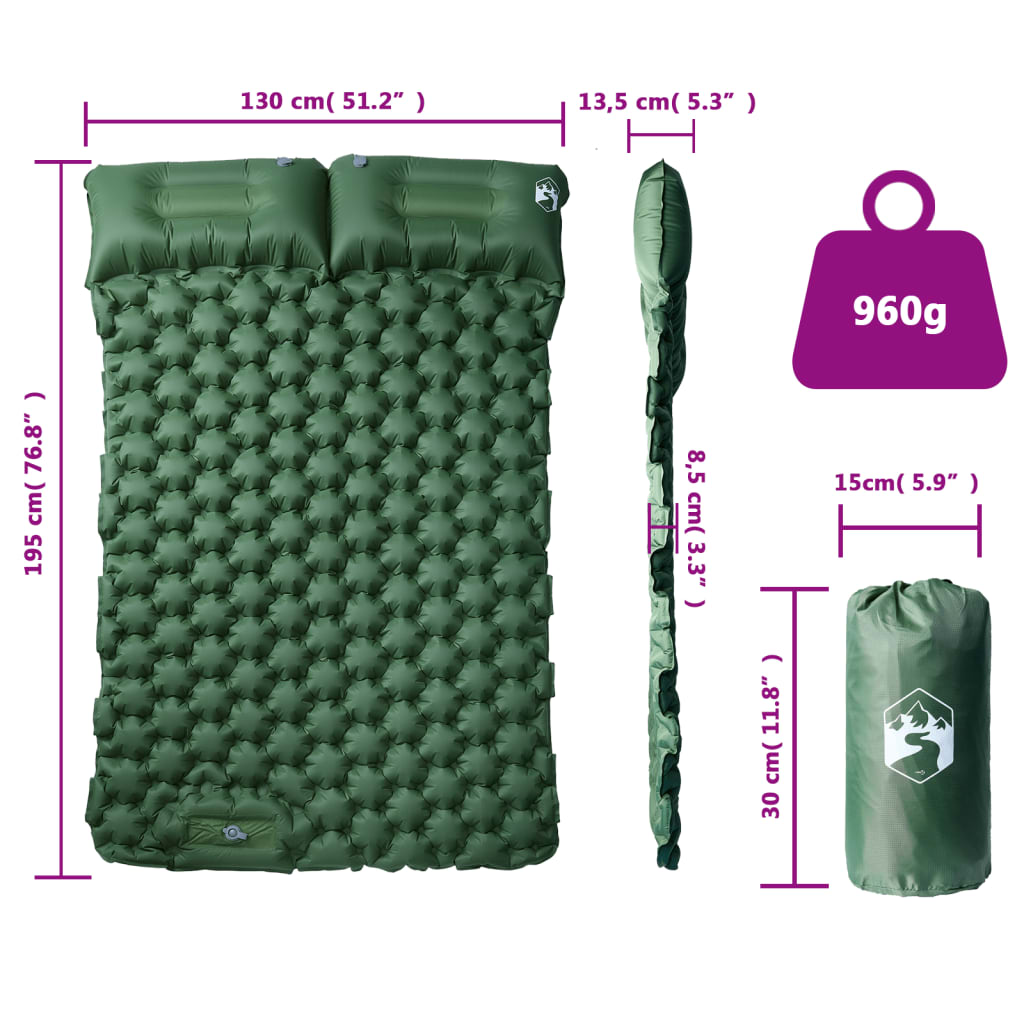 vidaXL Saltea de camping auto-gonflabilă, cu perne, 2 persoane, verde