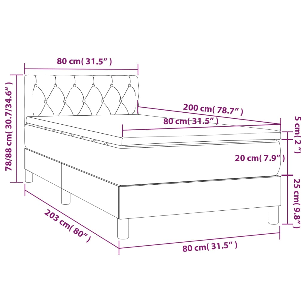 vidaXL Pat continental cu saltea & LED, gri deschis, 80x200 cm catifea