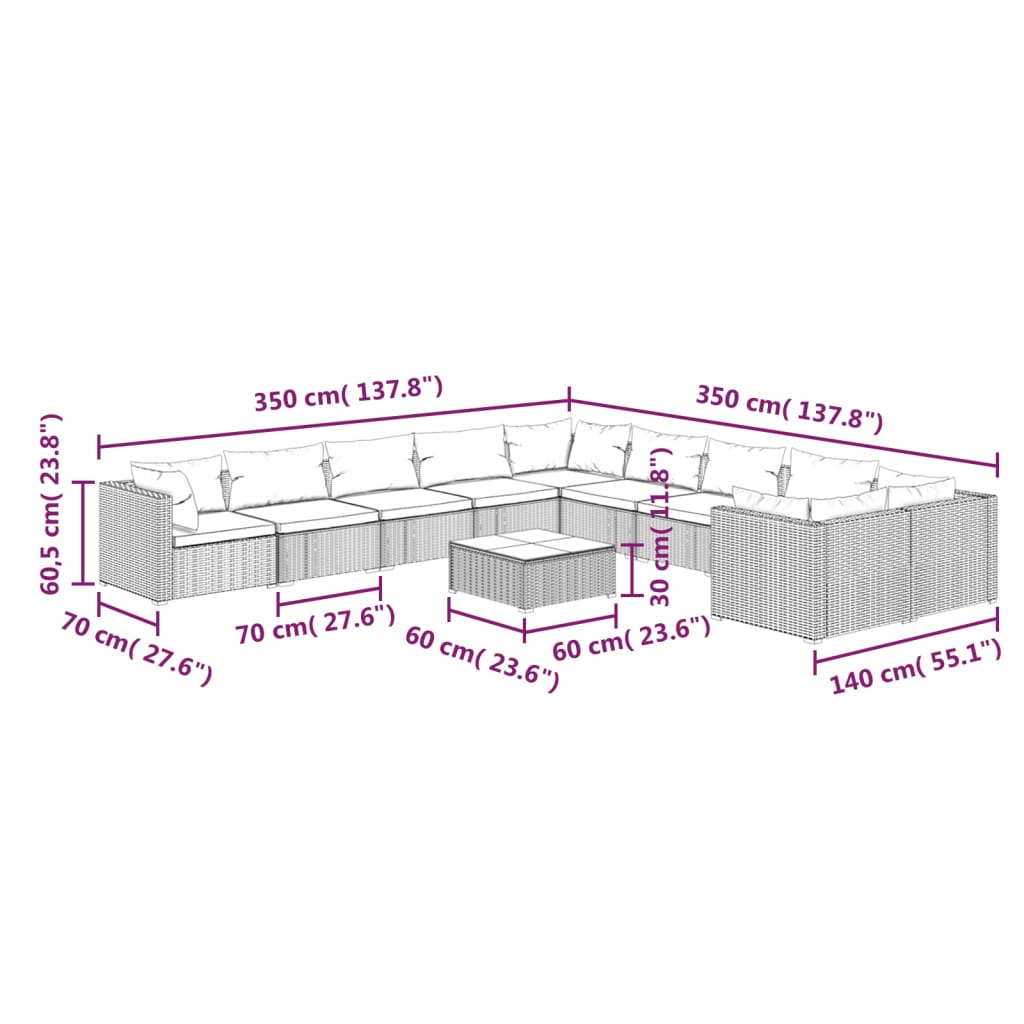 vidaXL Set mobilier de grădină cu perne, 11 piese, maro, poliratan