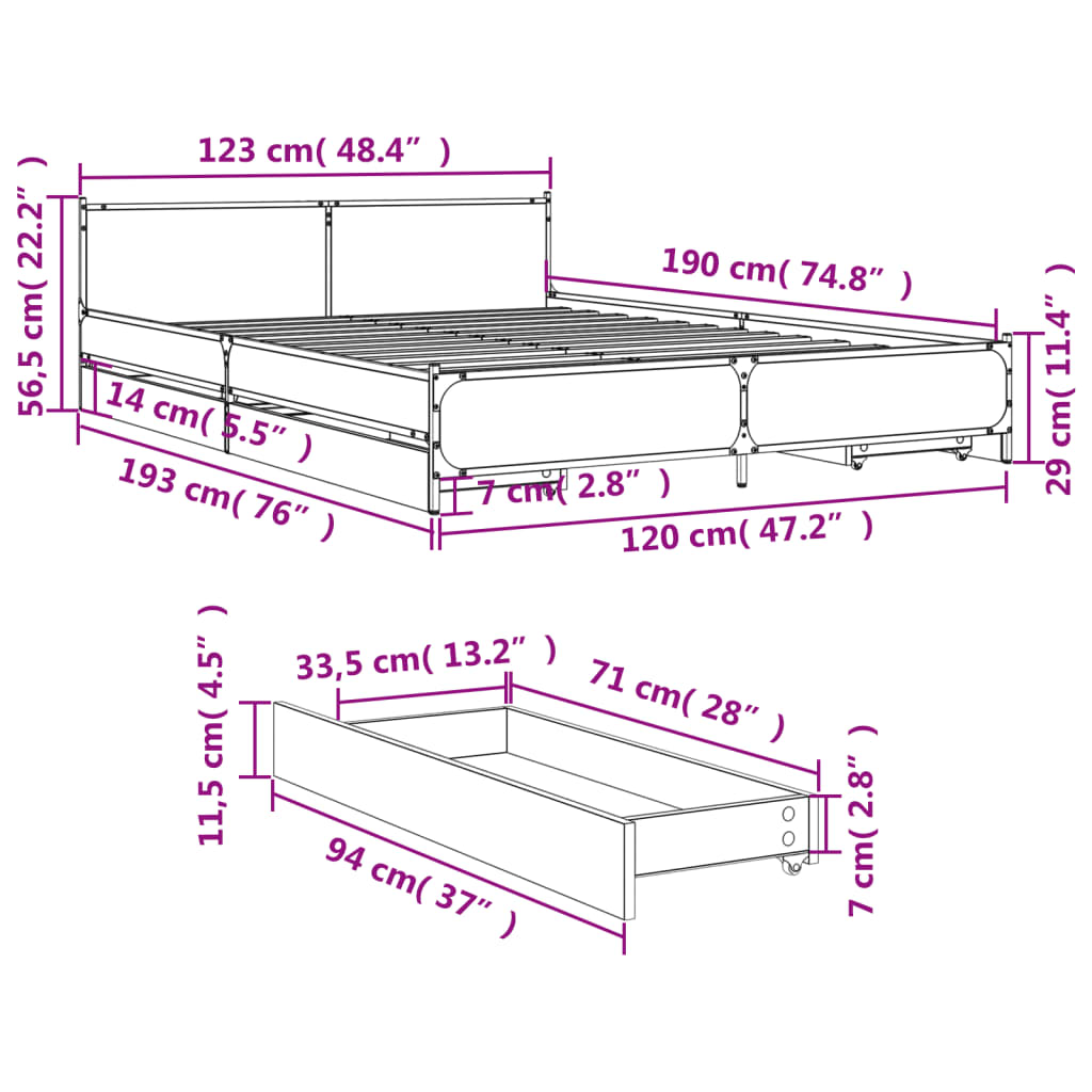 vidaXL Cadru de pat cu sertare gri sonoma 120x190 cm lemn prelucrat