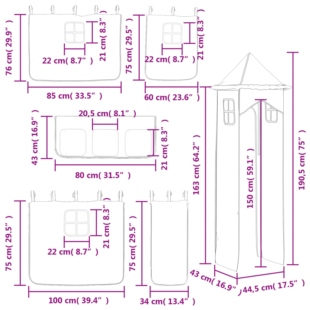 vidaXL Pat etajat de copii cu turn, roz, 90x190 cm, lemn masiv pin