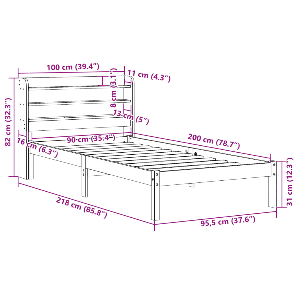 vidaXL Cadru de pat fără saltea, alb, 90x200 cm, lemn masiv pin