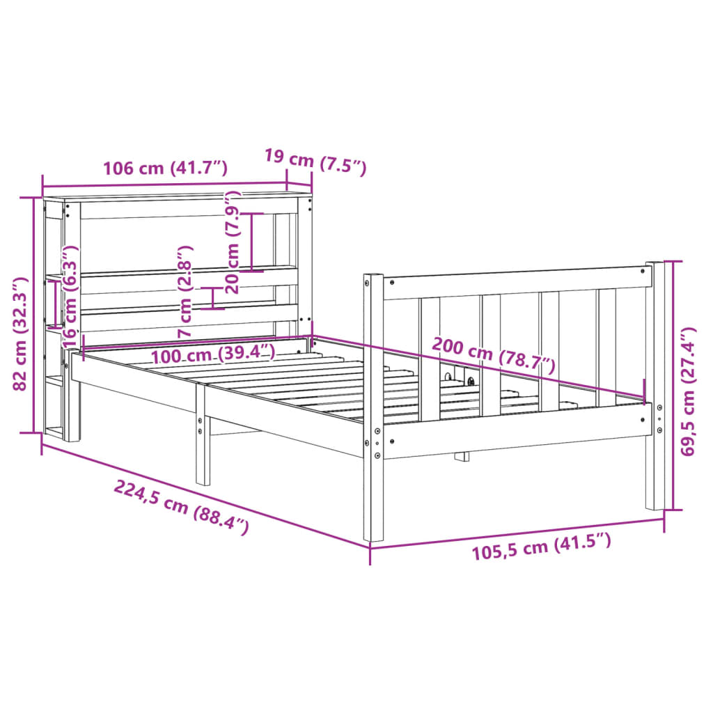 vidaXL Cadru pat fără saltea, alb, 100x200 cm, lemn masiv pin