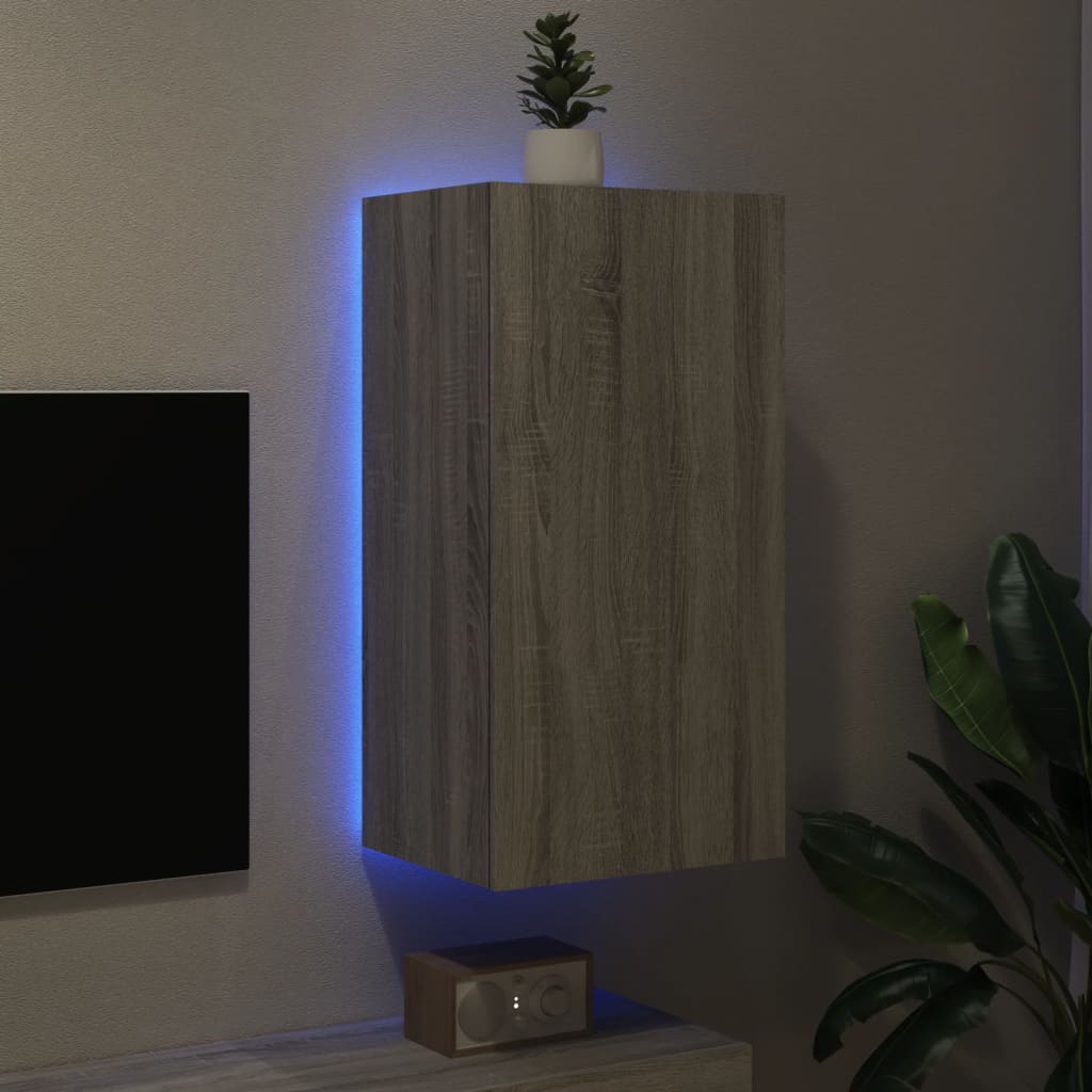 vidaXL Comodă TV de perete cu lumini LED, gri sonoma, 40,5x35x80 cm
