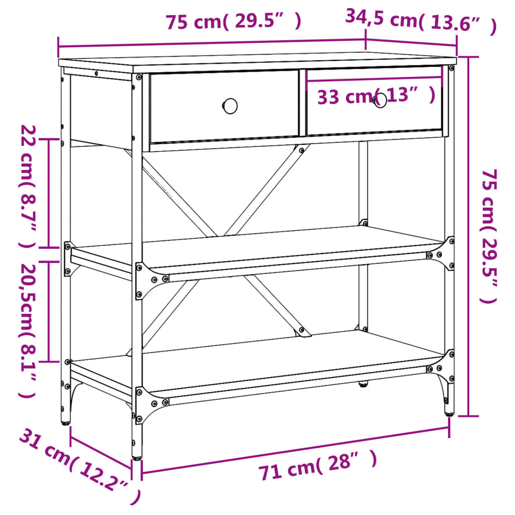 vidaXL Masă consolă, stejar sonoma, 75x34,5x75 cm, lemn prelucrat