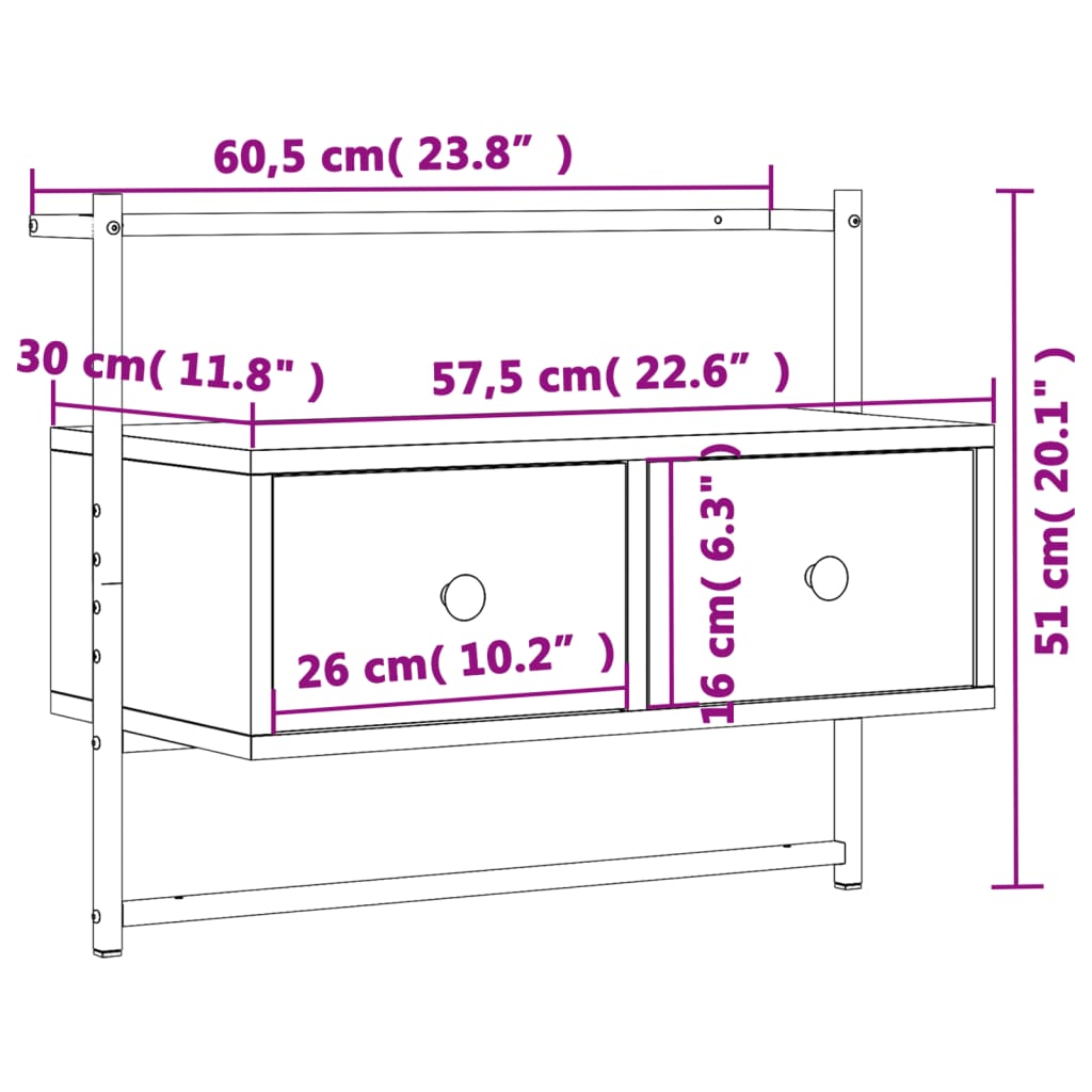 vidaXL Dulap TV montat pe perete, gri sonoma, 60,5x30x51 cm, lemn