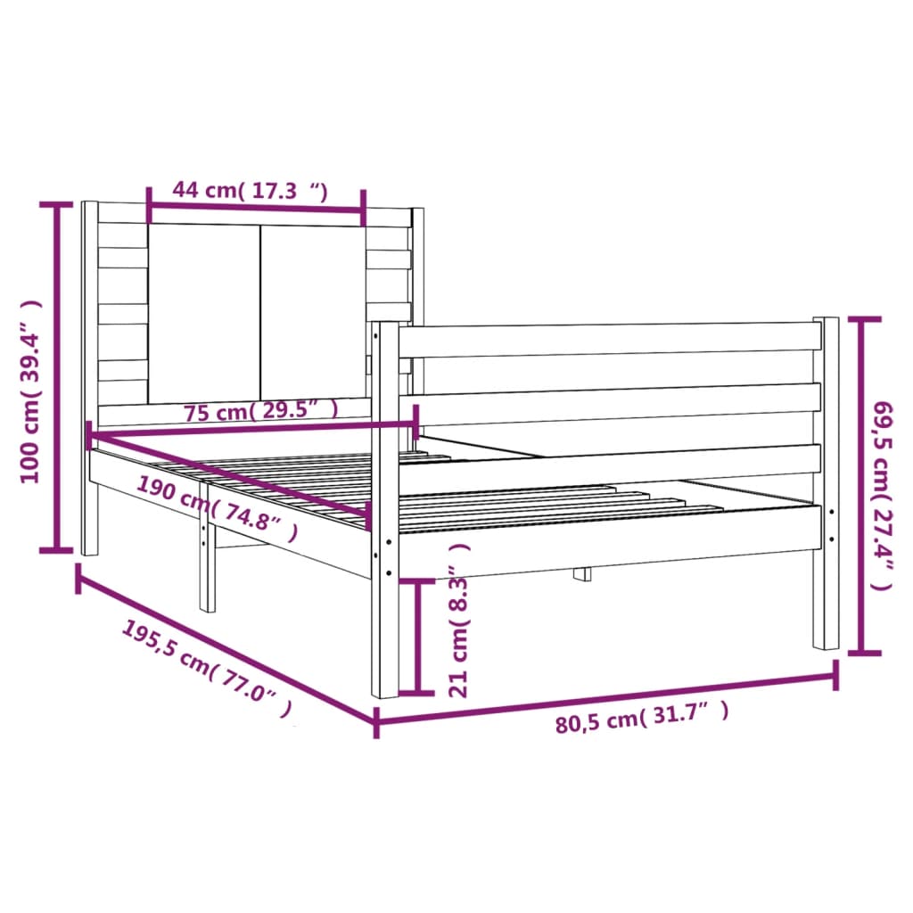 vidaXL Cadru de pat mic single, 75x190 cm, lemn masiv de pin