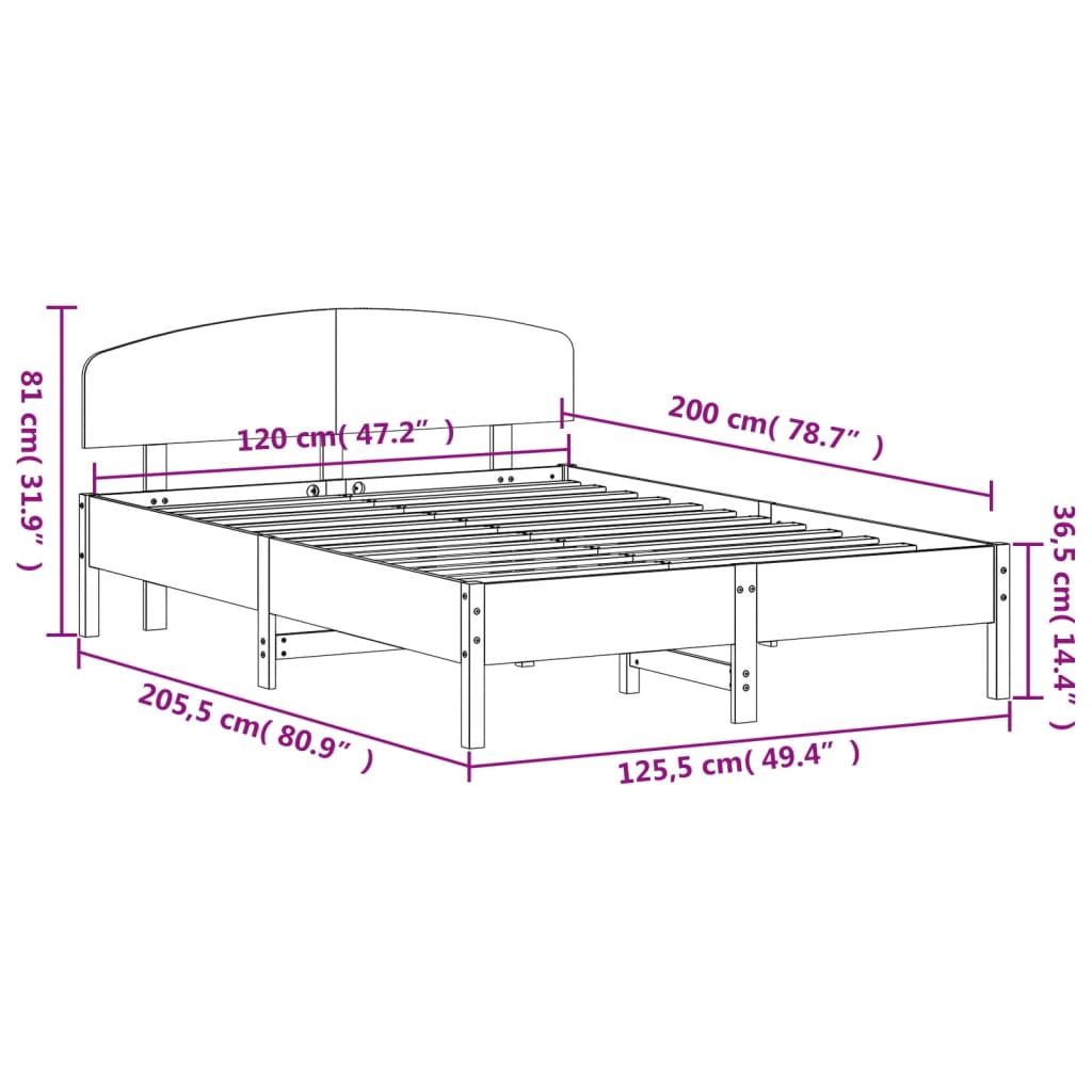 vidaXL Cadru de pat fără saltea, alb, 120x200 cm, lemn masiv pin