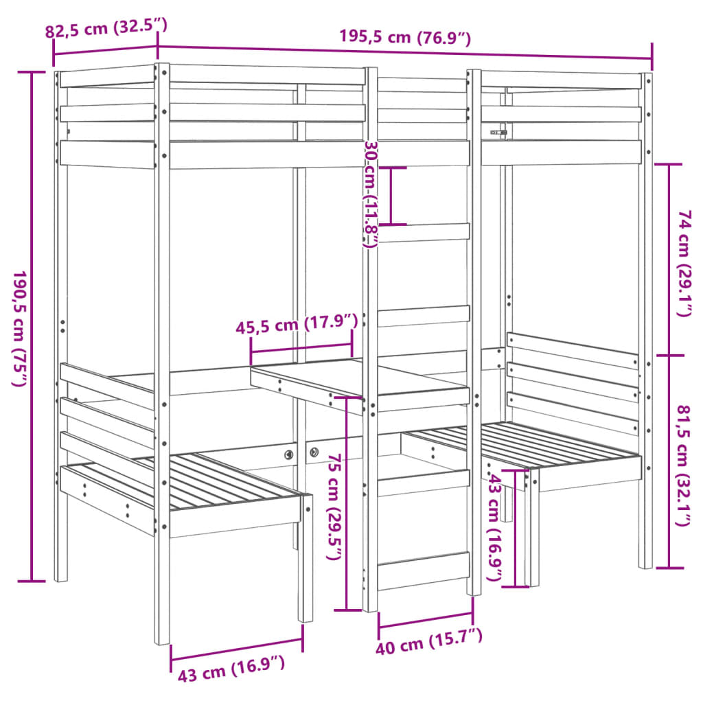 vidaXL Cadru pat etajat, birou/scaune, alb, 75x190 cm, lemn masiv pin