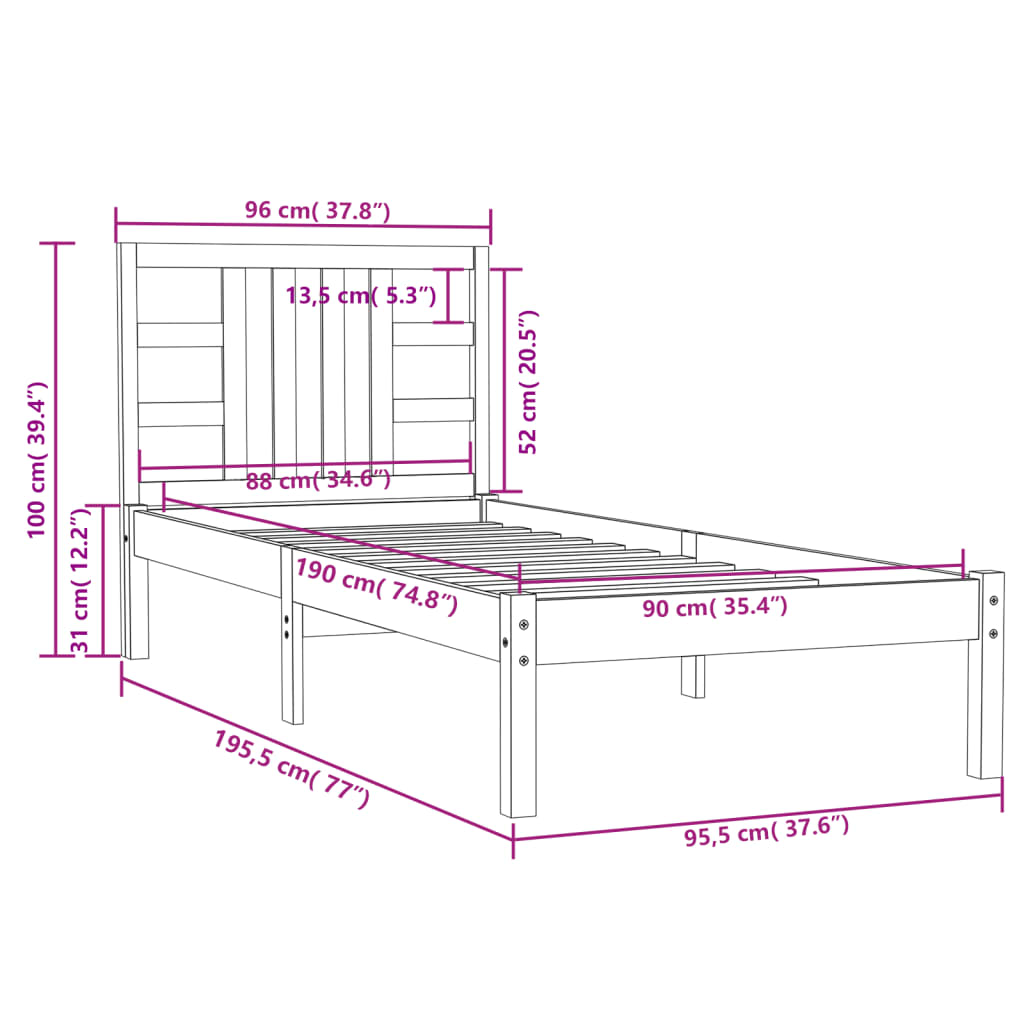 vidaXL Cadru de pat single, alb, 90x190 cm, lemn masiv