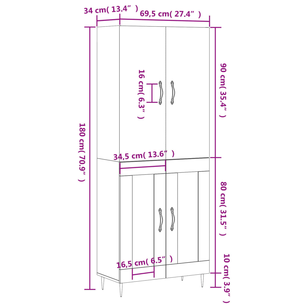 vidaXL Dulap înalt, alb, 69,5x34x180 cm, lemn compozit