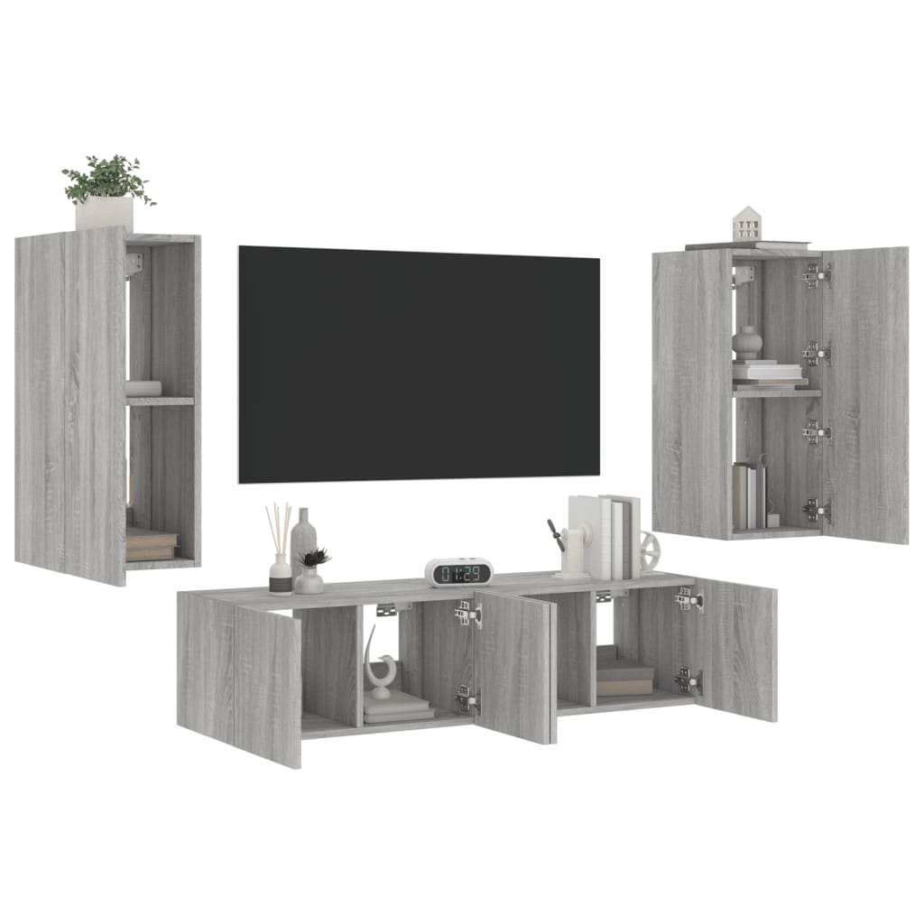 vidaXL Unități de perete TV cu LED-uri, 4 piese, gri sonoma, lemn