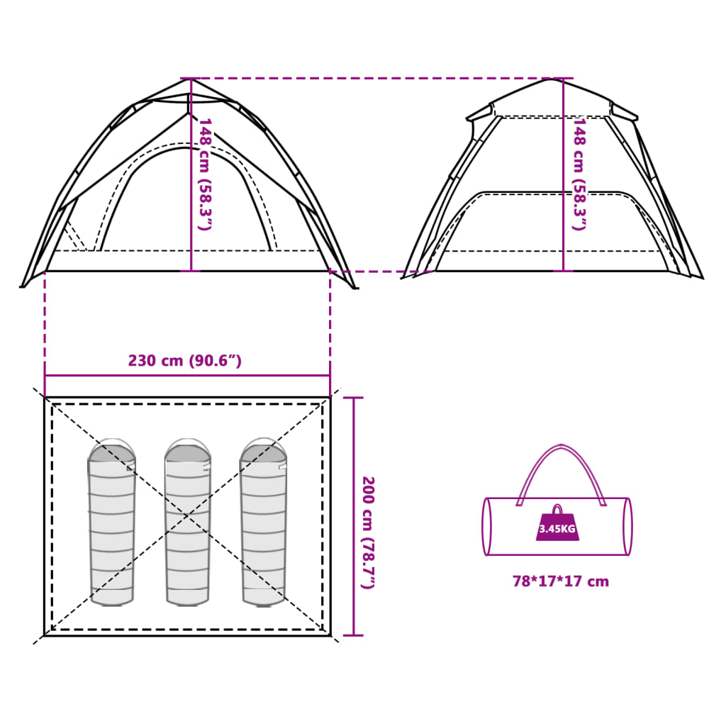 vidaXL Cort camping cupolă 3 persoane, gri/portocaliu, setare rapidă