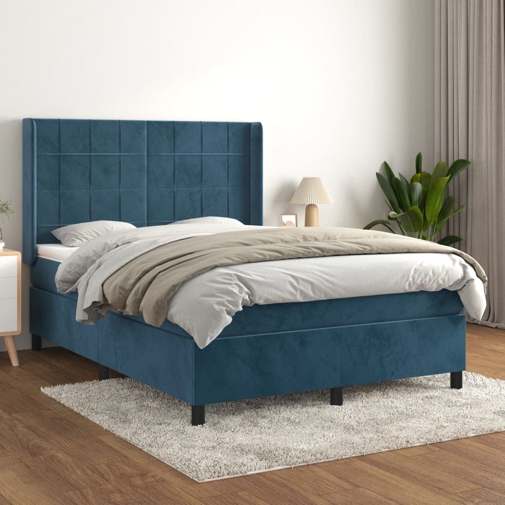 vidaXL Pat box spring cu saltea, albastru închis, 140x190 cm, catifea