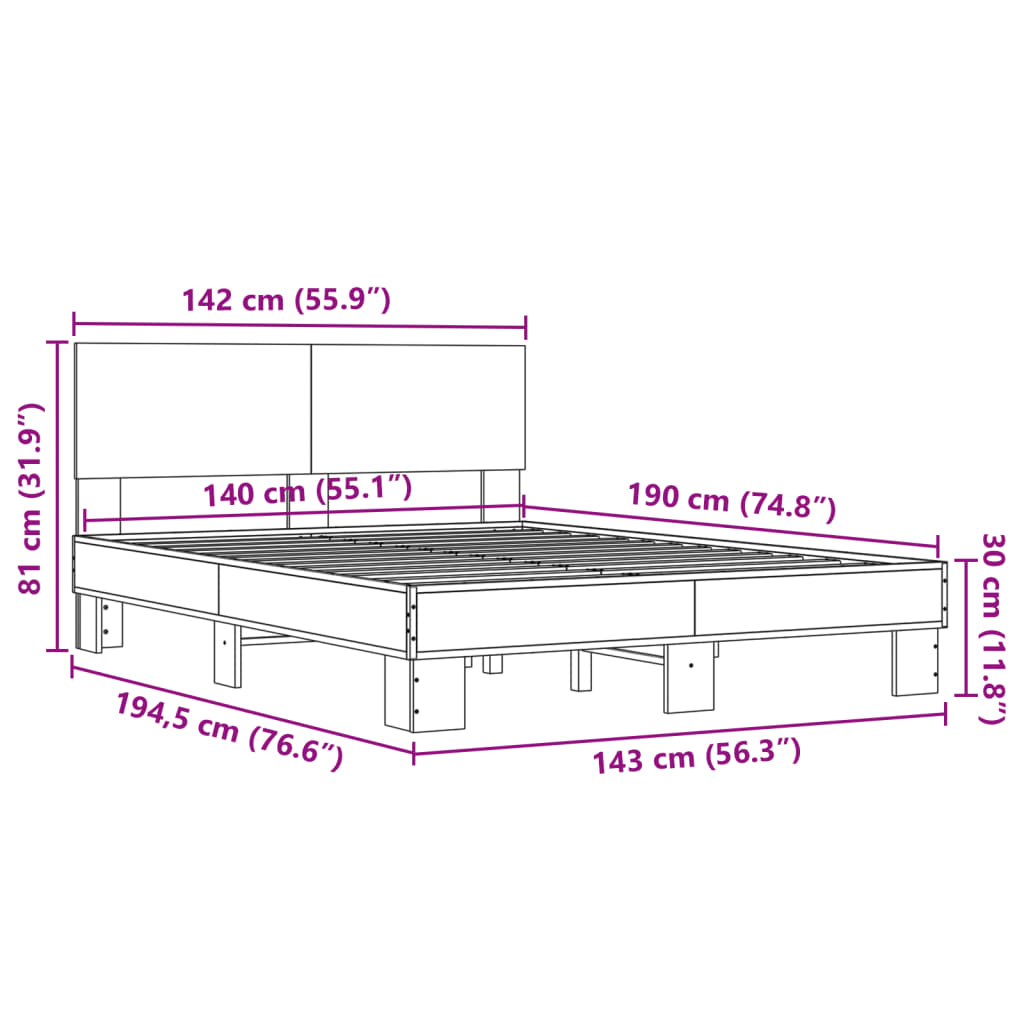 vidaXL Cadru de pat, gri sonoma, 140x190 cm, lemn prelucrat și metal